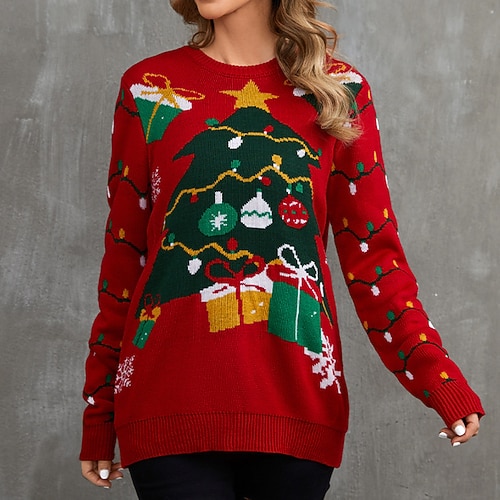 

Women's Ugly Christmas Sweater Pullover Sweater Jumper Ribbed Knit Knitted Christmas Tree Crew Neck Stylish Casual Outdoor Christmas Winter Fall Red S M L