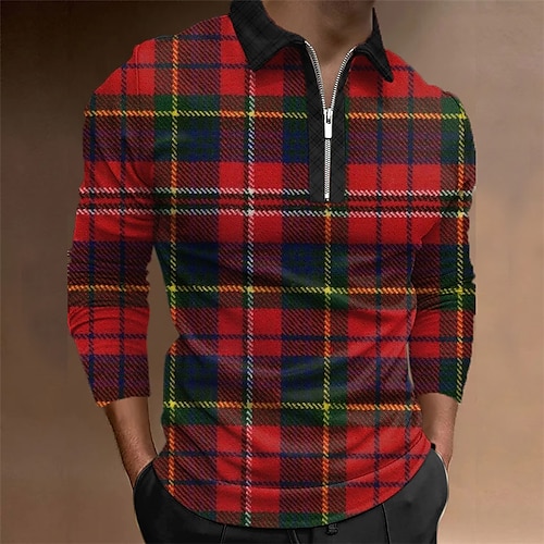 

Men's Polo Shirt Golf Shirt Plaid Graphic Prints Turndown Wine 3D Print Outdoor Street Long Sleeve Zipper Print Clothing Apparel Fashion Designer Casual Soft