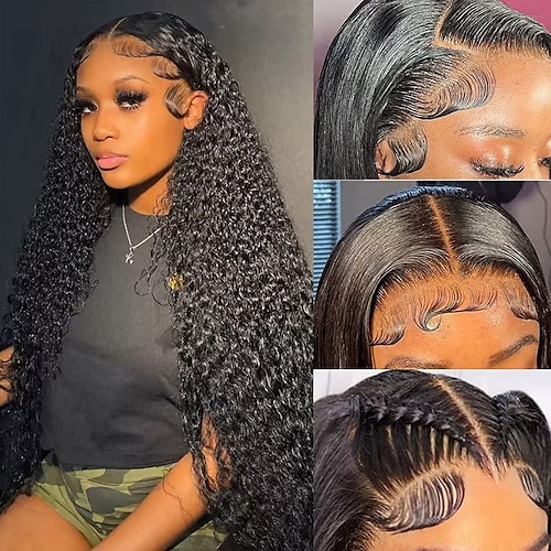 

Kinky Curly Lace Front Wig Human Hair Pre Plucked Brazilian Virgin Hair 4x4 Lace Closure Human Hair Wigs for Women 180% Density Curly closure wigs with Baby Hair Bleached Knots