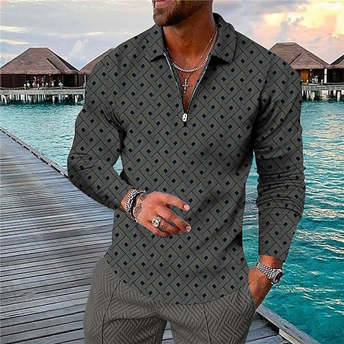 

Men's Collar Polo Shirt Golf Shirt Graphic Prints Geometry Turndown Black Gray 3D Print Outdoor Street Long Sleeve Zipper Print Clothing Apparel Fashion Designer Casual Soft