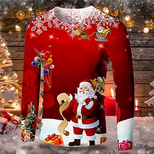 

Men's T shirt Tee Santa Claus Graphic Prints Crew Neck Green Blue Red 3D Print Outdoor Christmas Long Sleeve Print Clothing Apparel Basic Sports Designer Casual