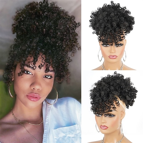 

Cola de caballo con cordón afro puff con flequillo, cabello recogido de piña para mujeres negras, moño de cola de caballo rizado corto y rizado