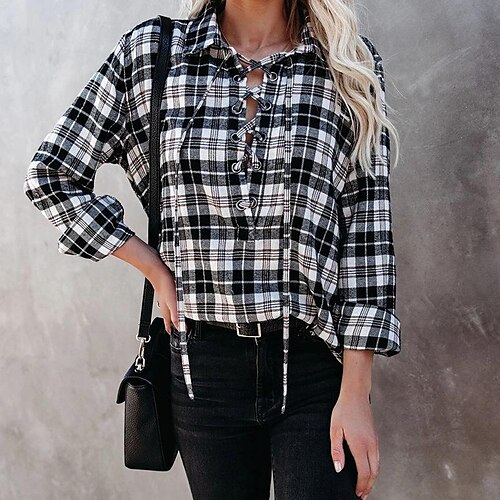 

Women's Blouse Shirt Black Plaid Lace up Print Long Sleeve Casual Basic V Neck Regular S