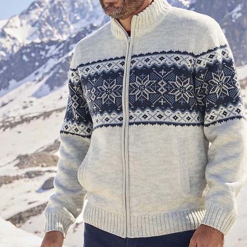 

Men's Sweater Ugly Christmas Sweater Cardigan Sweater Zip Sweater Sweater Jacket Ribbed Knit Cropped Knitted Snowflake Standing Collar Warm Ups Modern Contemporary Christmas Daily Wear Clothing