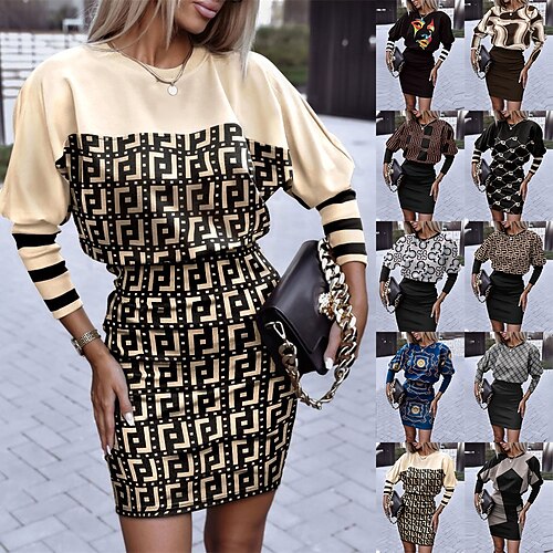 

Women's Casual Dress Bodycon Mini Dress Black Dark Gray Gray Long Sleeve Graphic Fake two piece Winter Fall Spring Crew Neck Fashion Office Daily Fall Dress 2022 S M L XL 2XL 3XL