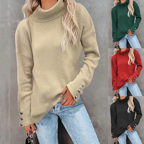 

Women's Blouse Shirt claret Green Black Plain Button Long Sleeve Casual Basic High Neck Regular S