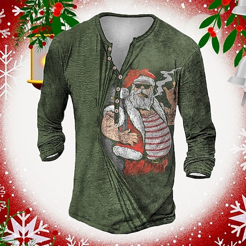 

Men's T shirt Tee Henley Shirt Tee Graphic Santa Claus Henley Army Green 3D Print Plus Size Christmas Daily Long Sleeve Button-Down Print Clothing Apparel Basic Designer Classic Comfortable / Sports