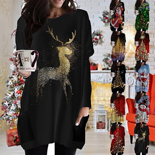 

damen weihnachten t-shirt kleid t-stück kleid Etuikleid schwarz langarm tier tasche aufdruck winter herbst v-ausschnitt Basic lässig herbst kleid lockere passform s m l xl xxl 3xl / winter dress