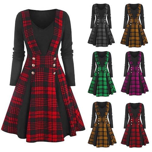 

Women's Christmas Tartan Dress Swing Dress Knee Length Dress Purple Wine Long Sleeve Plaid Button Fall Winter V Neck Stylish 1920s Modern 2022 S M L XL 2XL 3XL 4XL 5XL