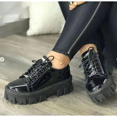 

Women's Sneakers Daily Plus Size Platform Sneakers Winter Block Heel Round Toe Casual Minimalism PU Leather Lace-up Solid Colored Black White