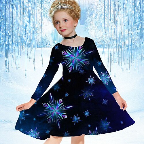 

Frozen Elsa Kids Girls' Dress Snowflake Casual Dress Above Knee Dress Casual Crewneck Crew Neck Long Sleeve Adorable Dress 3-10 Years Winter Blue Royal Blue Navy Blue