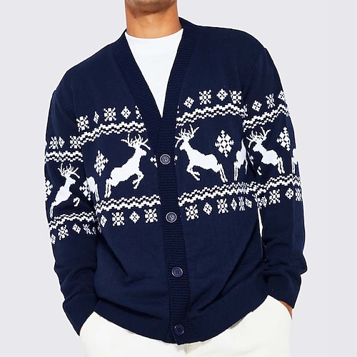 

Men's Sweater Ugly Christmas Sweater Cardigan Sweater Ribbed Knit Cropped Knitted Christmas Pattern V Neck Warm Ups Modern Contemporary Christmas Daily Wear Clothing Apparel Fall & Winter Blue S M L
