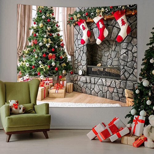 

Christmas Party Wall Tapestry Holiday Photography Background Fireplace Sock Tree Gift Art Decor Blanket Curtain Hanging Home Bedroom Living Room Decoration Polyester