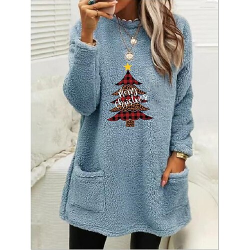 

Women's Sweatshirt Pullover Sherpa Fleece Teddy Green Blue Purple Christmas Tree Christmas Round Neck Long Sleeve Fleece S M L XL 2XL 3XL