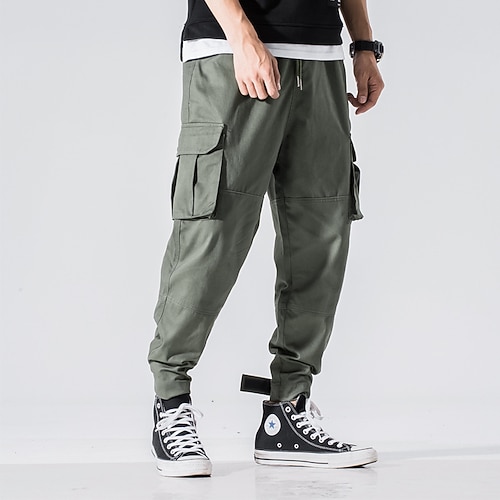 

Men's Cargo Pants Trousers Work Pants Drawstring Elastic Waist Multi Pocket Solid Colored Comfort Breathable Casual Daily Streetwear Cotton Blend Sports Fashion Green Black Micro-elastic