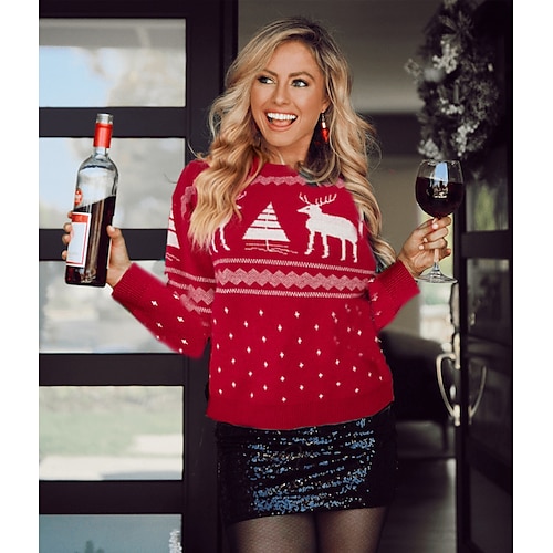 

Women's Ugly Christmas Sweater Pullover Sweater Jumper Ribbed Knit Knitted Elk Crew Neck Stylish Casual Outdoor Christmas Winter Fall Red Navy Blue S M L