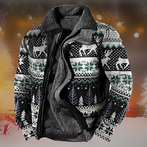 

Men's Coat Warm Christmas Zipper Tribal Snowflake Geometry 3D Printed Graphic Turndown Ethnic Style Jacket Outerwear Long Sleeve Zipper Fall & Winter