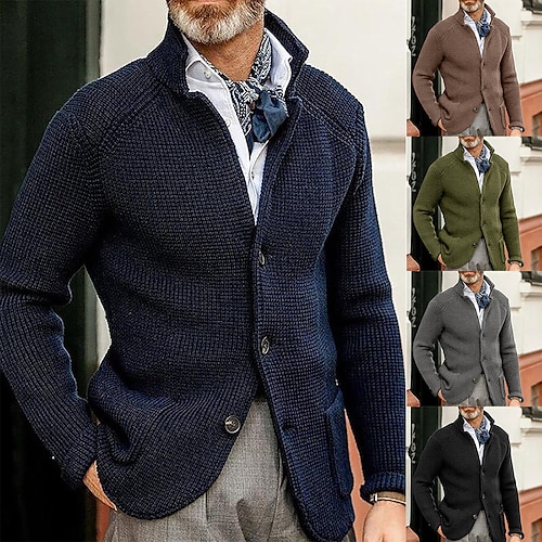 

Men's Sweater Cardigan Sweater Blazer Waffle Knit Cropped Knitted Solid Color Stand Collar Basic Stylish Outdoor Daily Clothing Apparel Fall Winter Blue Khaki S M L / Long Sleeve / Long Sleeve