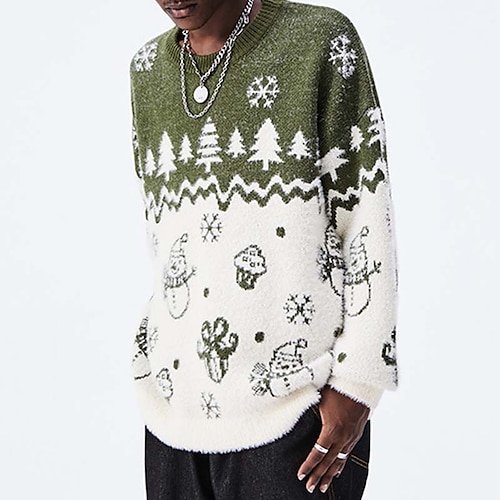 

Men's Sweater Ugly Christmas Sweater Pullover Sweater Jumper Ribbed Knit Cropped Knitted Christmas Pattern Crew Neck Keep Warm Modern Contemporary Christmas Work Clothing Apparel Fall & Winter Green