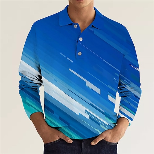 

Men's Polo Shirt Golf Shirt Abstract Graphic Prints Geometry Turndown Green Blue 3D Print Outdoor Street Long Sleeve Button-Down Print Clothing Apparel Fashion Designer Casual Soft