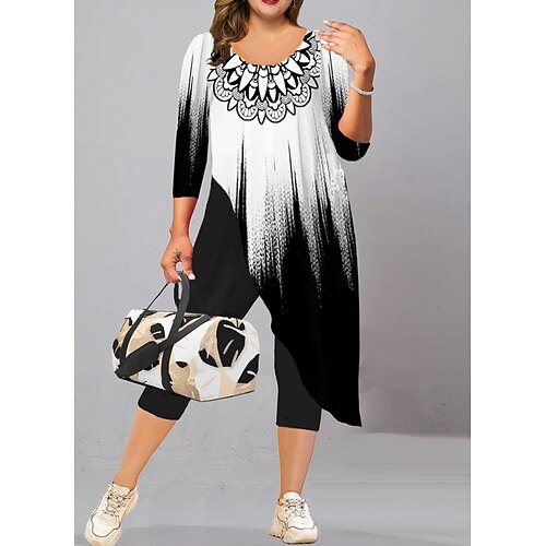 

Women's Plus Size Tops Set Graphic Print 3/4 Length Sleeve Crew Neck Casual Modern Daily Vacation Polyester Winter Fall Black And White