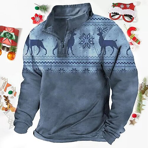 

Men's Zip Up Sweatshirt Pullover Blue Half Zip Elk Graphic Prints Snowflake Zipper Print Christmas Daily Sports 3D Print Basic Designer Casual Spring Fall Clothing Apparel Hoodies Sweatshirts