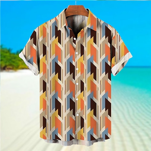 

Men's Shirt Graphic Prints Geometry Turndown Green Orange 3D Print Outdoor Street Short Sleeves Button-Down Print Clothing Apparel Tropical Designer Casual Hawaiian