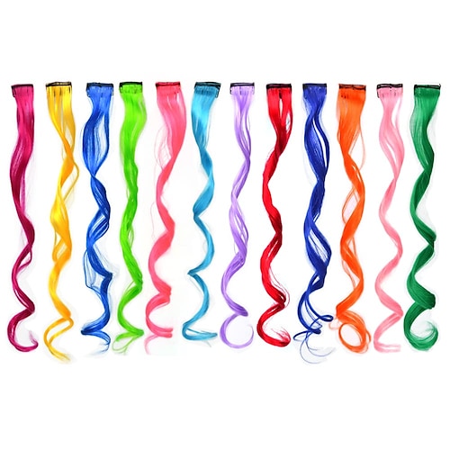 

12 Pcs Colored Hair Extensions Colored Clip in Hair Extensions Curly Wavy Synthetic Hairpieces for Women Girls Cosplay Fashion Party