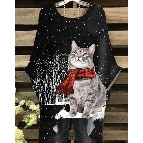 

Mujer Camiseta Negro Animal Gato Estampado Media Manga Navidad Diario Casual Festival Cuello Barco Talla Grande Mangas de dormán XL