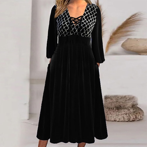 

Women's Velvet Dress Casual Dress Midi Dress Black 3/4 Length Sleeve Plaid Hollow Out Winter Fall Spring V Neck Stylish Weekend 2022 S M L XL XXL 3XL