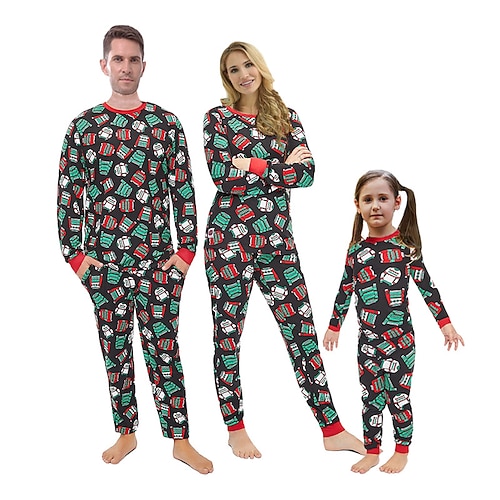 

Christmas Pajamas Family Graphic Home Black Long Sleeve Basic Matching Outfits