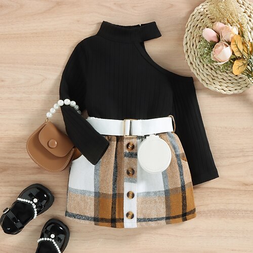 

2 pezzi Bambino (1-4 anni) Da ragazza A quadri Gonna e maglione Impostato Manica lunga Attivo Esterno 3-7 anni Inverno Nero