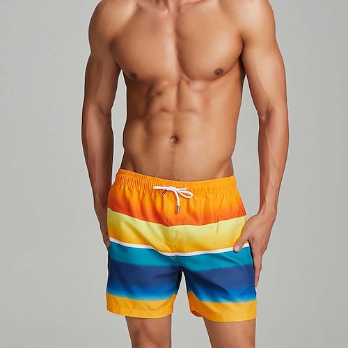 

Men's Swim Shorts Swim Trunks Board Shorts Drawstring Elastic Waist Coconut Tree Stripe Print Comfort Breathable Knee Length Casual Daily Beach Fashion Streetwear Blue Yellow Micro-elastic