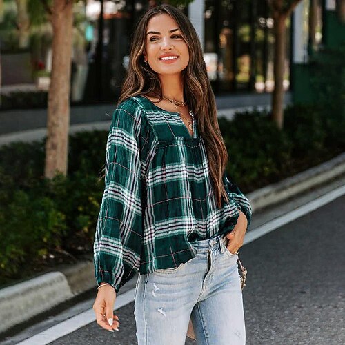 

2022 autumn new women's plaid print long-sleeved v-neck loose casual shirt