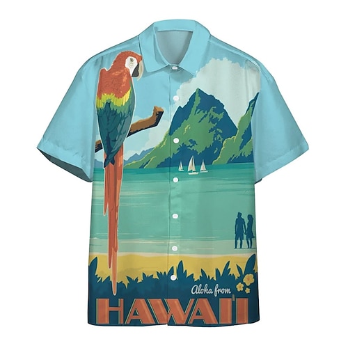 

Men's Shirt Bird Graphic Prints Leaves Turndown Blue Red 3D Print Outdoor Street Short Sleeve Button-Down Print Clothing Apparel Tropical Designer Casual Hawaiian
