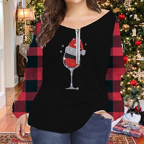 

Women's Plus Size Christmas Tops Blouse Shirt Plaid Deer Zipper Print Long Sleeve V Neck Casual Holiday Daily Polyester Winter Fall Black Blue