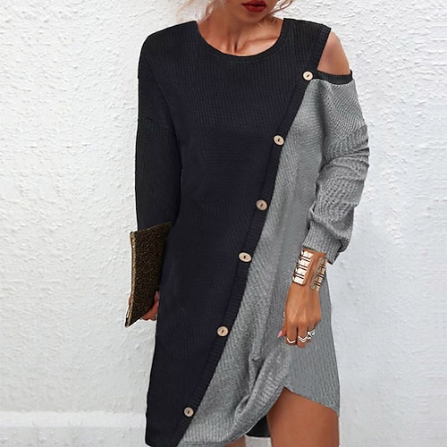 

Women's Sweater Dress Sheath Dress Knit Dress Mini Dress Black gray Long Sleeve Color Block Patchwork Winter Fall Spring Crew Neck Stylish Weekend 2022 S M L XL XXL 3XL