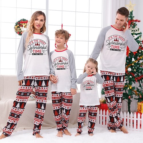 

Christmas Pajamas Family Letter Christmas Tree Home Gray Long Sleeve Basic Matching Outfits