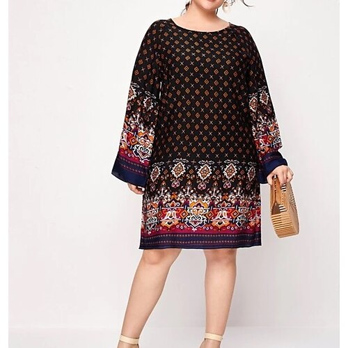 

Women's Plus Size Shift Dress Print Crew Neck Long Sleeve Winter Fall Elegant Modern Mini Dress Date Vacation Dress