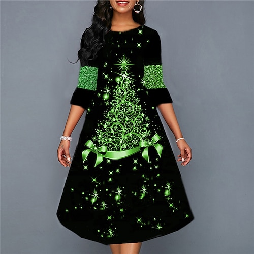 

Women's Casual Dress Shift Dress Swing Dress Midi Dress Green Blue Gold 3/4 Length Sleeve Christmas Tree Ruched Winter Fall Spring Crew Neck Fashion Christmas Daily 2022 S M L XL XXL 3XL