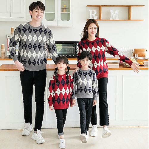 

Family Sweater Plaid claret Gray Long Sleeve Cute Matching Outfits