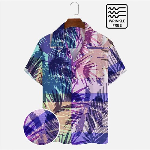 

Men's Shirt Graphic Prints Leaves Turndown Purple 3D Print Outdoor Street Short Sleeves Button-Down Print Clothing Apparel Tropical Fashion Hawaiian