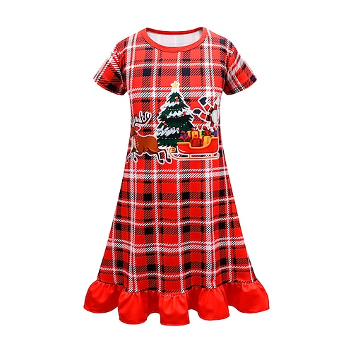 

Kids Girls' Christmas Dress Plaid A Line Dress Midi Dress Christmas Gifts Crew Neck Short Sleeve Casual Dress 2-12 Years Spring Red