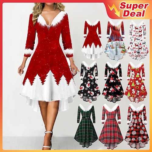 

Women's Christmas Swing Dress Plaid Dress Midi Dress Black gray Green Wine Light Red Red White Black Long Sleeve Print Patchwork With Belt Print Winter Fall V Neck Romantic Classic Traditional Fall