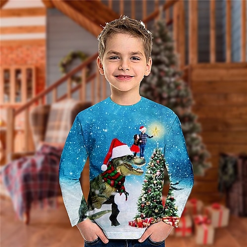 

Toddler Boys Ugly Christmas T shirt Tee Animal Dinosaur Long Sleeve Crewneck Children Top Casual 3D Print Cool Daily Winter Fall Blue 7-13 Years