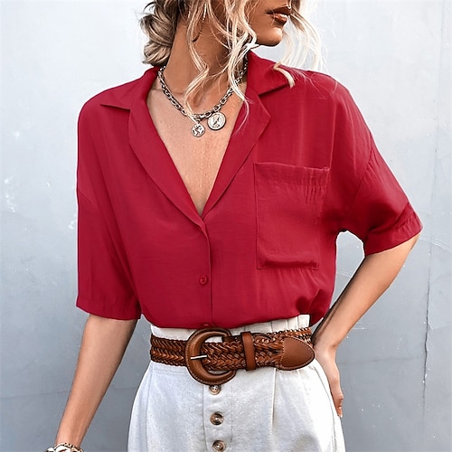 

Women's Shirt Front Pocket Button-Down Solid / Plain Color Classic Shirt Collar Light Summer Black Wine