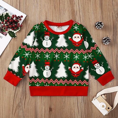 

Toddler Boys Christmas Sweatshirt Pullover Snowman Christmas Tree Long Sleeve Crewneck Children Top Outdoor Sweatshirt Fashion Adorable Green Winter 3-7 Years