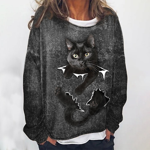 

Women's Sweatshirt Pullover Basic Green Blue Khaki Cat Street Round Neck Long Sleeve S M L XL 2XL