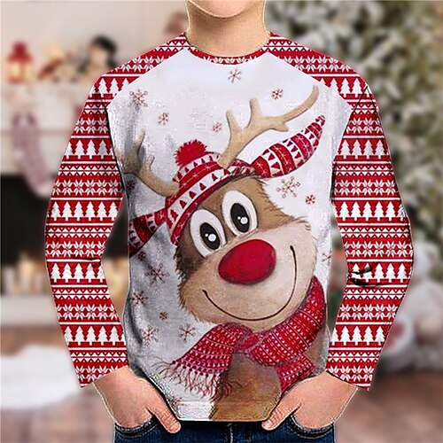 

Toddler Boys Ugly Christmas T shirt Tee Animal Elk Christmas Tree Long Sleeve Crewneck Children Top Casual 3D Print Cute Daily Winter Fall Red 7-13 Years