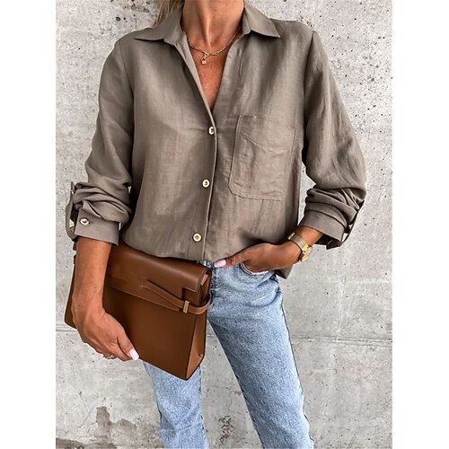 

Women's Shirt Blouse dark brown Black khaki Plain Button Pocket Long Sleeve Casual Basic Shirt Collar Regular S